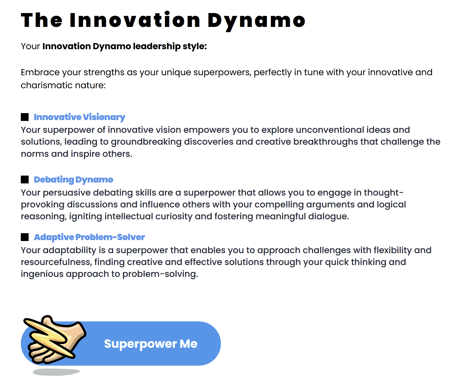 SuperPowerMe — The Innovation Dynamo superpowers results screen